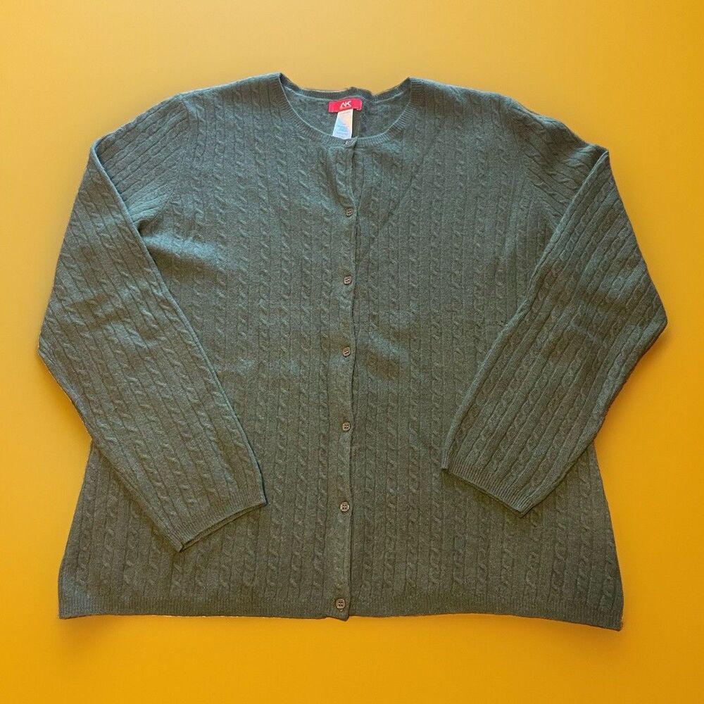 Anne Klein Sport Green Cable Knit Cardigan Sweater XXL Merino Wool Cashmere